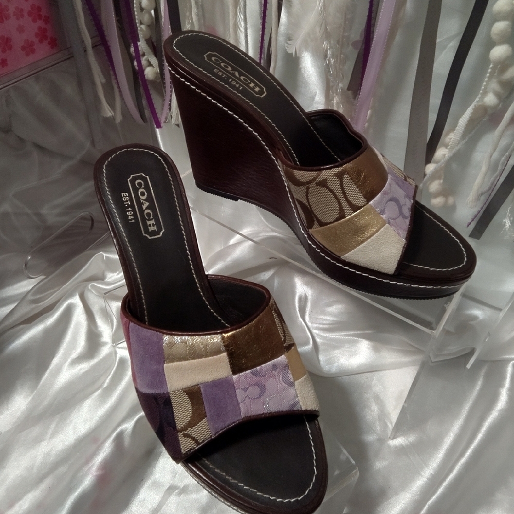 Coach Women's Patchwork Wedge Sandals - Brown, Gold, Purple